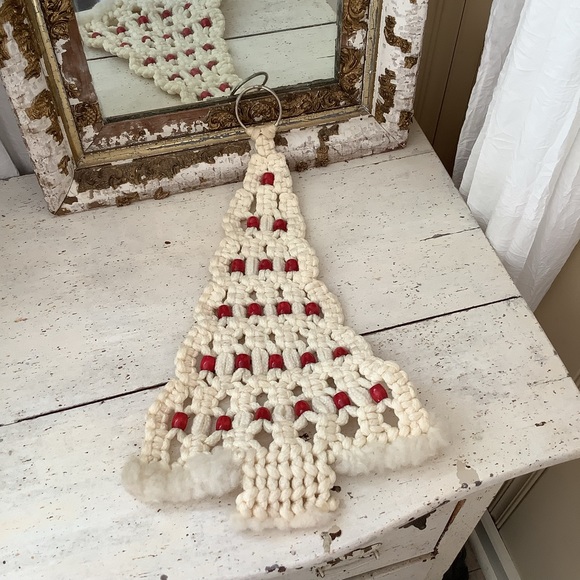 Vintage Other - Vintage Macrame Ivory Red Beads Christmas Tree
